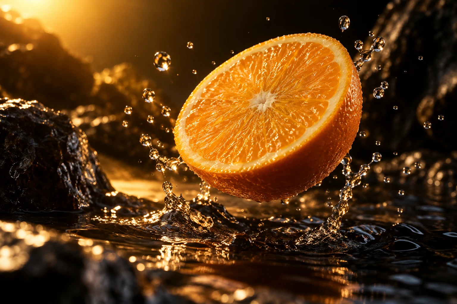 AI-generated creative reference of a citrus slice and suspended water droplets against a dark cinematic backdrop.