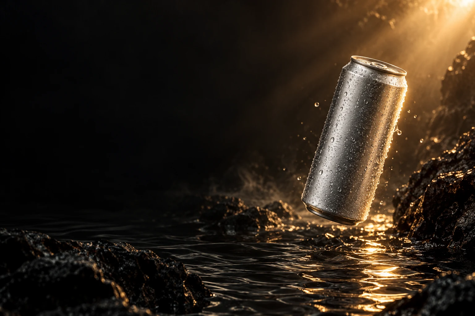 AI-generated creative reference of a fictional silver product can suspended above dark water in warm cinematic light.