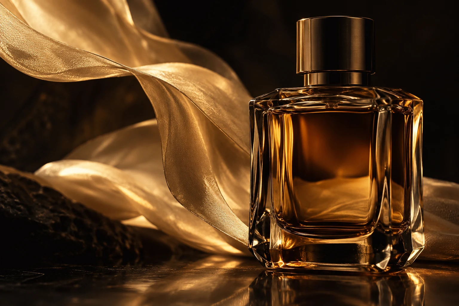 AI-generated reference image of a fictional amber perfume bottle beside softly lit flower petals.