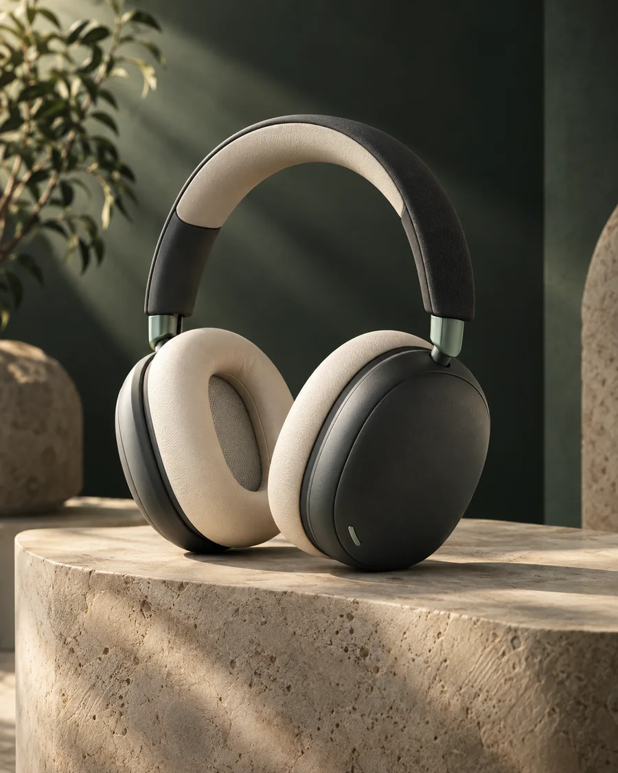 AI-generated reference image of fictional over-ear headphones, showing a sample ad direction.