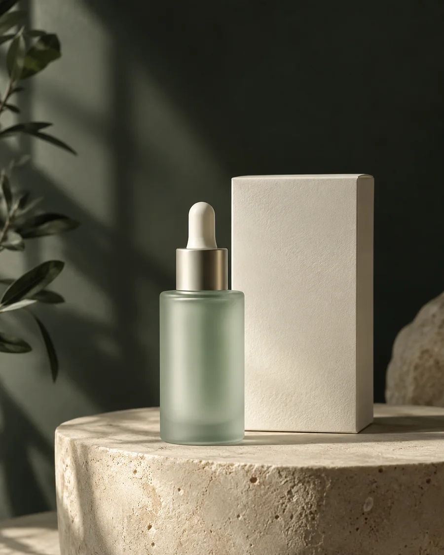 AI-generated reference image of fictional skincare bottle, showing a sample ad direction.