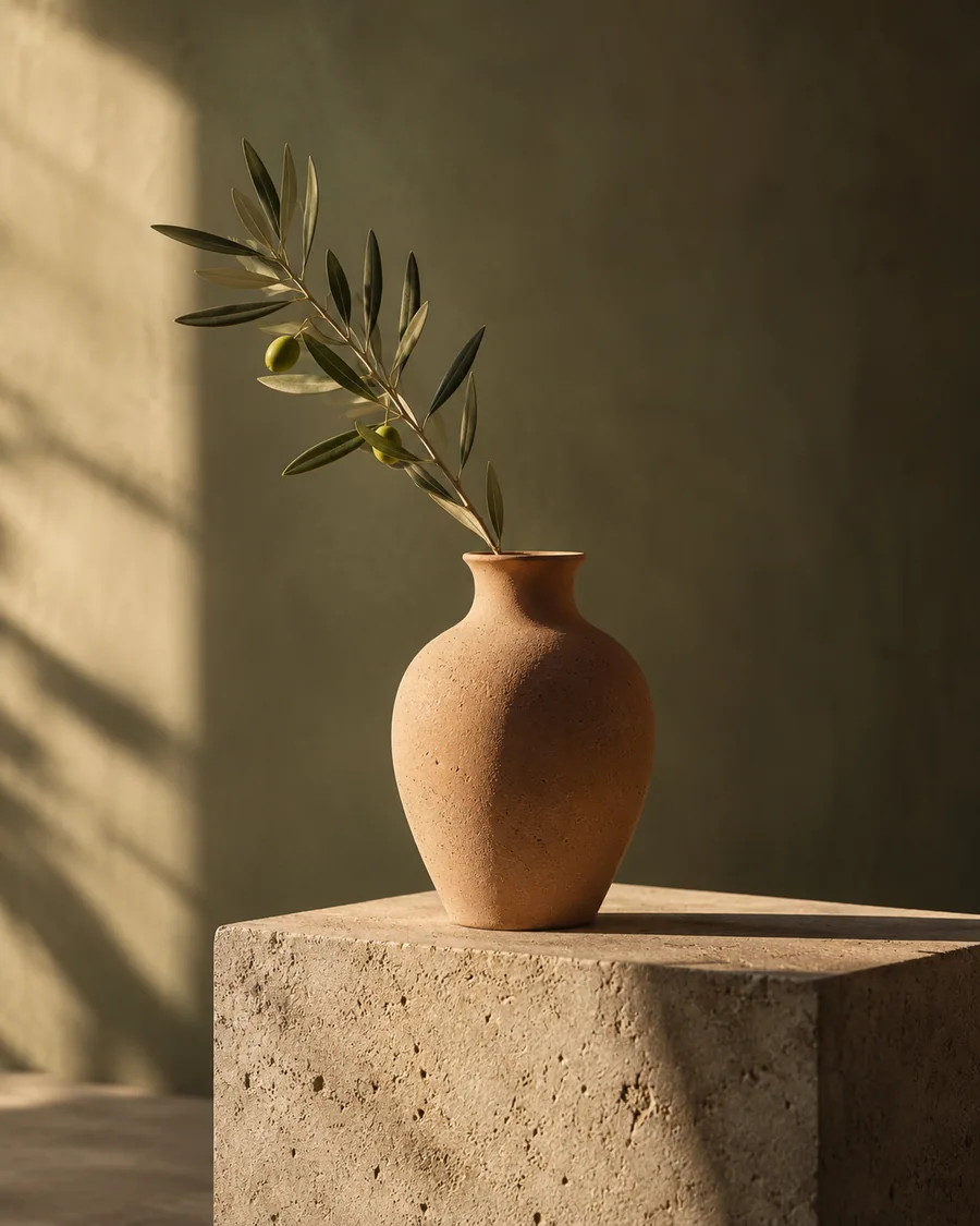 AI-generated reference image of a fictional terracotta vase in warm studio light, showing a sample ad direction.