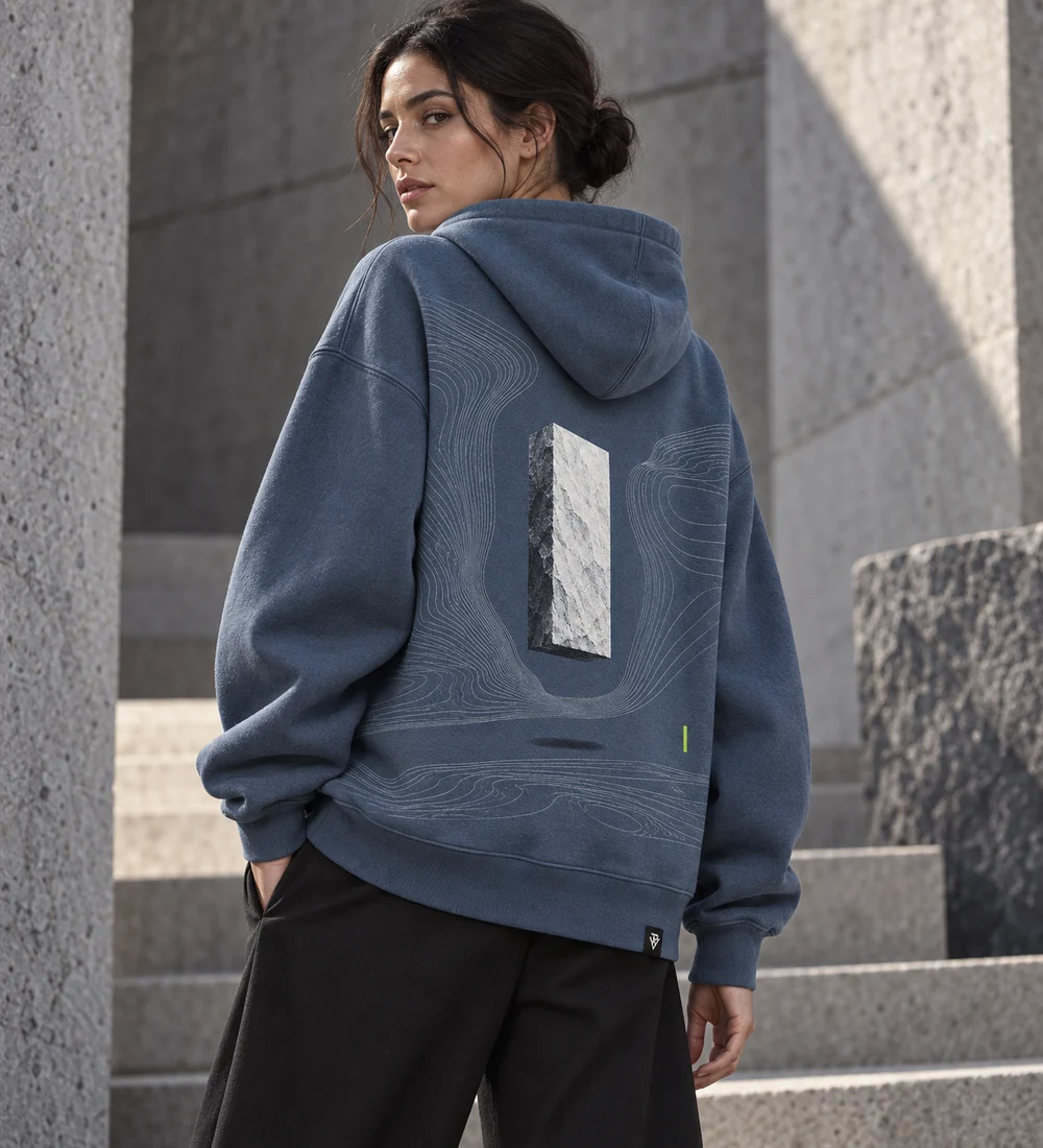 Adult female model standing on steps in a slate-blue oversized STILL hoodie with floating stone back artwork