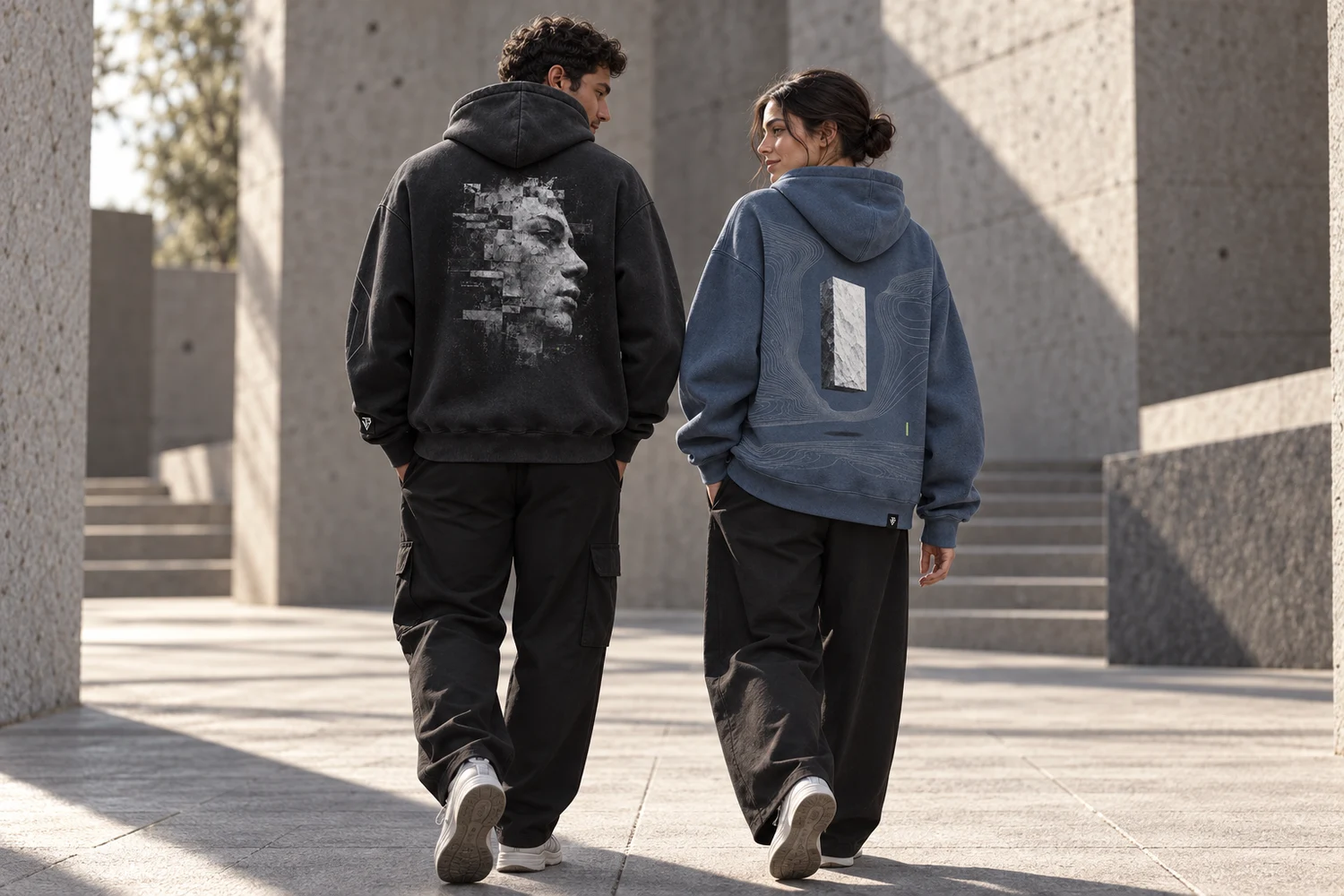 Male and female models together in washed-black MEMORY and slate-blue STILL oversized hoodies in a concrete courtyard