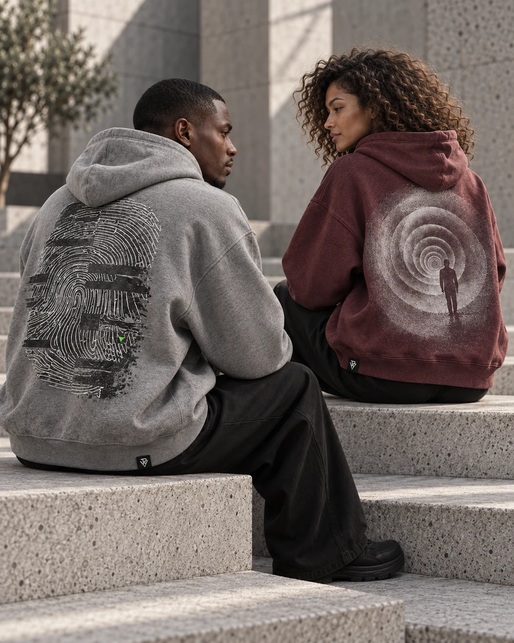 Male and female models seated together on concrete steps wearing ash-grey TRACE and burgundy PRESENCE oversized hoodies
