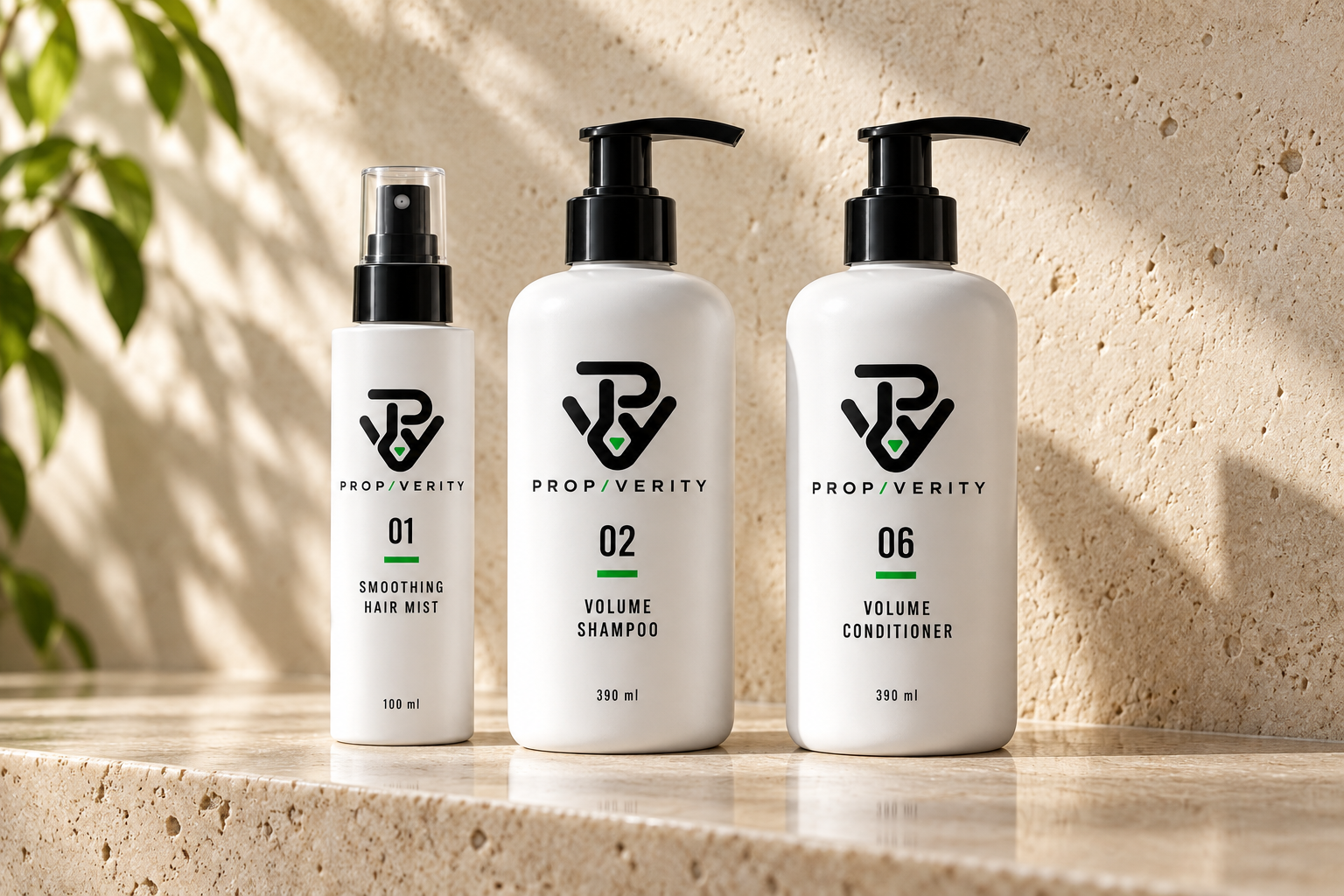 Three white PropVerity haircare products on a sunlit stone shelf