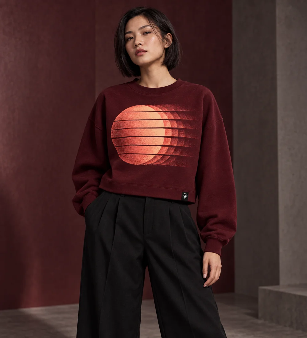 Adult female model wearing the burgundy AFTERIMAGE boxy sweatshirt with coral optical disc artwork