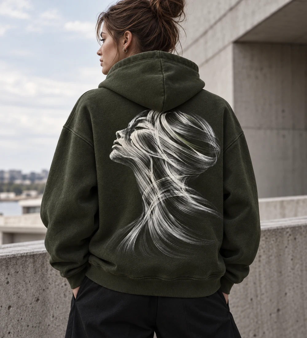 Adult female model wearing a deep-olive BECOMING oversized hoodie with a flowing silver-strand human silhouette on the back