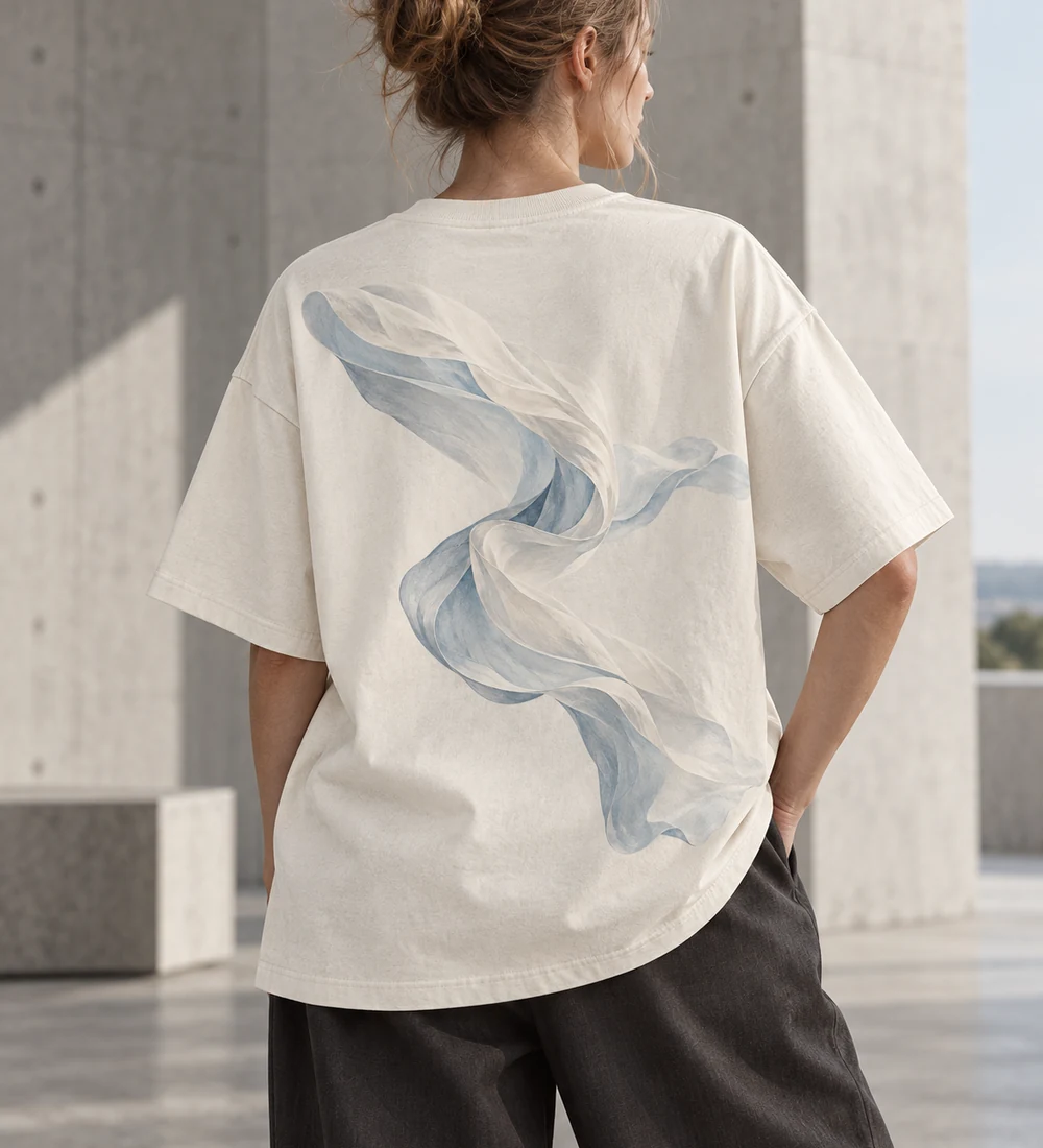 Adult model wearing a bone DRIFT oversized tee with a flowing pale ribbon and ice-blue shadows on the back
