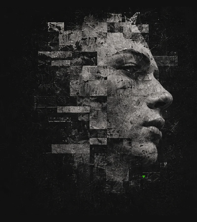 MEMORY fragmented grayscale human portrait artwork with a small green accent