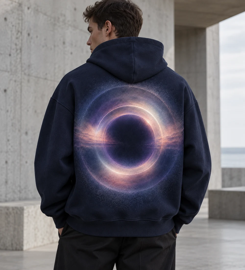 Adult model wearing a midnight-navy ORBIT oversized hoodie with a luminous twilight aura on the back