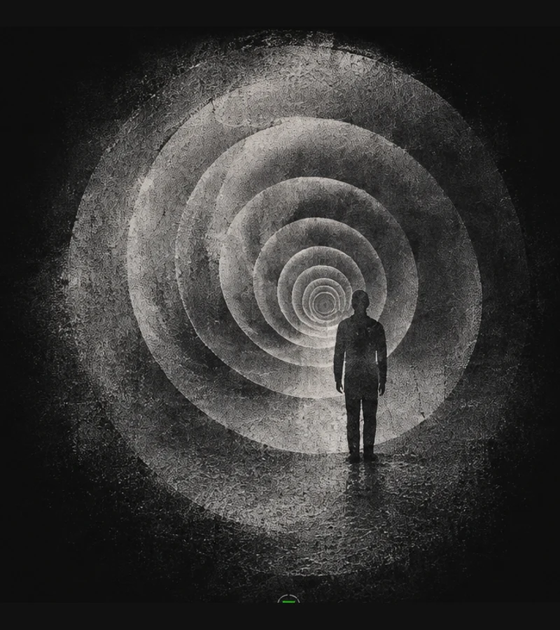 PRESENCE small human silhouette standing inside concentric grayscale ripples